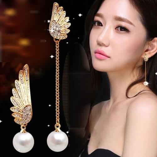 New Fashion Womens Drop earrings Ir-regular design Angle wing with Rhinestone earring pearl earrings #ER081