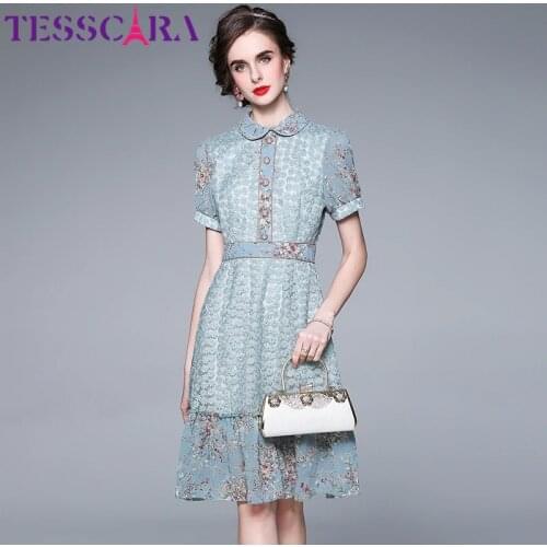 TESSCARA Women Summer Elegant Embroidery Dress Shirt Female High Quality Blue office Party Robe Femme Vintage Designer Vestidos