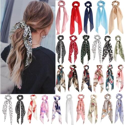 Fashion Dots Flower Printed Satin Girls Elastic Hair Bands Long Ribbon Ponytail Scarf Hair Tie Women Scrunchies Hair Accessories