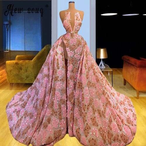 Luxury Arabic Pink Evening Dress Moroccan Saudi Gowns Ball Gorgeous Mermaid Detachable Train Formal Prom Dress