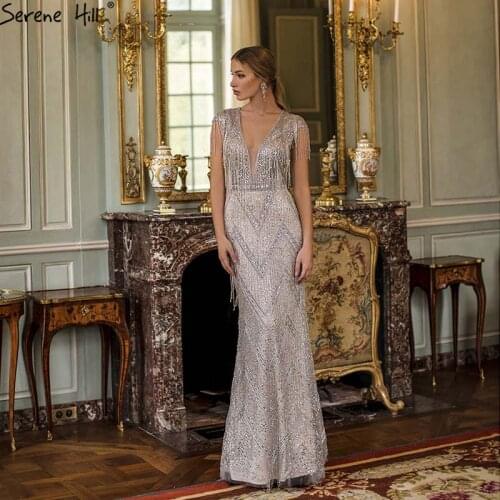 Serene Hill Silver Beading Tassel V-Neck Luxury Evening Dress 2020 Latest Design Sleeveless Mermaid Formal Party Gown CLA60830