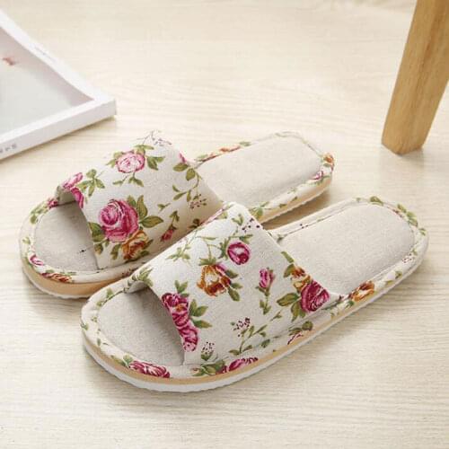 Women Casual Floral Home Slippers Soft Non-slip Foam Bottom Slippers Spring Autumn Indoor Couple Linen Slipper Flip Flops Slides