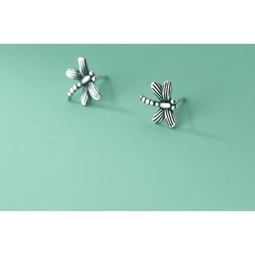 Real 925 Sterling Silver Vintage Dragonfly Stud Earrings Thai Silver Jewelry for Women Girls