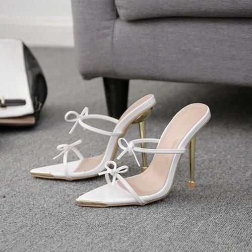 Female Shoes Pointed Toe Slippers Soft Rivet Women Heels Slides Butterfly-Knot 2021 Comfort High Rome PU Butterfly-knot Sexy Rub