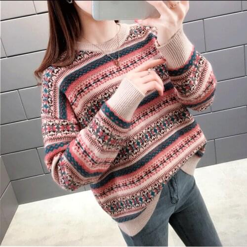 2020 New Stripe Printted Knitted Women Sweater Fashion New multicolor Long Sleeve Pullovers Lazy Style Loose Femal Sweater Tops
