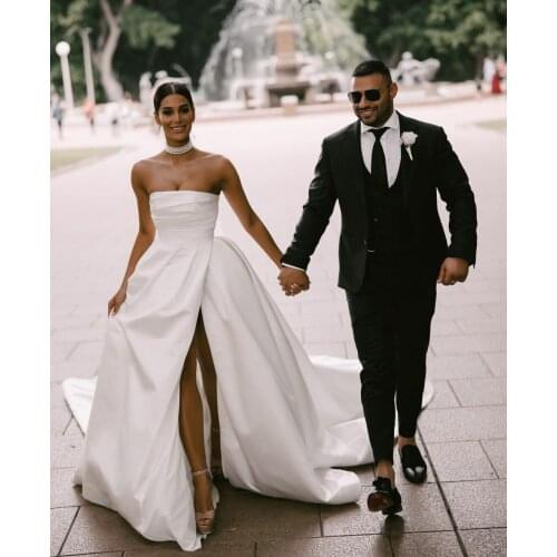 Elegant Long Side Slit Satin Wedding Dresses with Pockets Pleated Strapless Vestidos de novia Abendkleid Bridal Gowns for Women