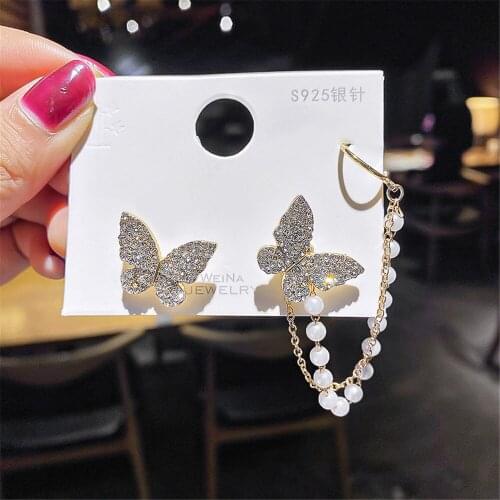 2021 New Asymmetric Butterfly Pearl Chain Tassel Stud Earrings For Women Ear Bones Jewelry Fashion Rhinestone Earrings