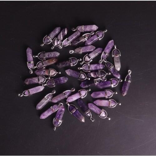 24pcs natural purple crystal gem stone quartz amethysts bullet hexagonal point pendant Treat necklace charms Jewelry making Free