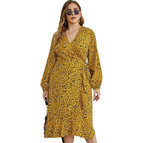 4XL Plus Size Women V-Neck Dress Leopard Print Long Sleeve Robe Dress Ladies Ruffle Loose Flowy Swing Casual Midi Dress D25