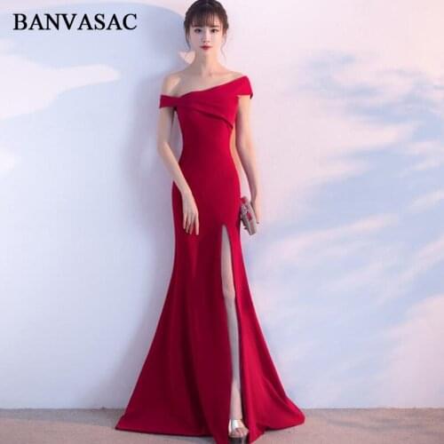 BANVASAC Boat Neck Satin Split Mermaid Long Evening Dresses 2018 Asymmetrical Short Sleeve Backless Party Prom Gowns