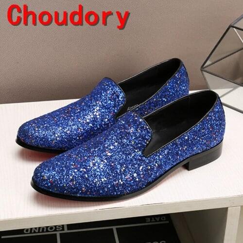 Choudory mens italian leather shoes blue spiked loafers men glitter wedding men dress shoes 2017 classic slipon velvet slippers