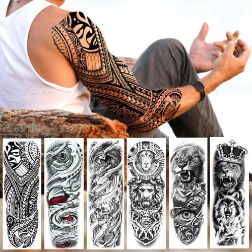 Long Size Totem Mechanic Full Arm Temporary Tattoos Sticker For Men Women Black Fake 3D Eyes Lion Tiger Wolf Sleeve Tatoos Paper