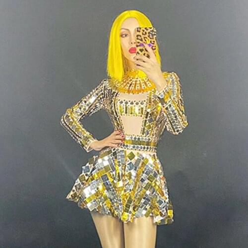 Sparkly Mirror Bodysuit+Skirt Nightclub Women DJ Clothing Gold Sequin Stage Costume Long Sleeves Dress Pole Dance Costume DB2317