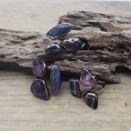 Raw Labradorite&Amethysts Adjustable Rings Healing Crystal Antique Copper Bezel Ring Fashion Bronze Jewelry Dropshipping,QC4001