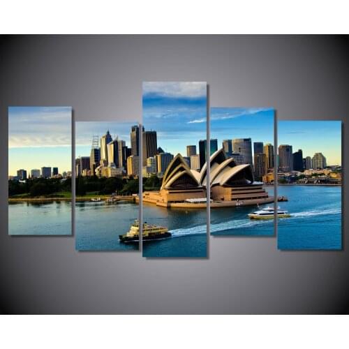 Modular Wall Art Poster Frame Room Home Decor Canvas Pictures 5 Pieces Sydney Opera House Building Boat Seascape Painting PENGDA