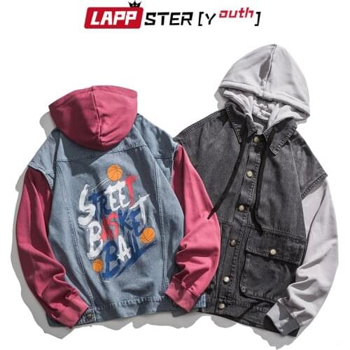 LAPPSTER-Youth Men Harajuku Patchwork Hooded Jean Jacket 2021 Mens Japanese Streetwear Vintage Denim Jacket Male Oversized Coats