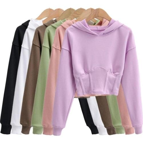 2021 New Arrival Spring and Autumn Corset waist Solid Color Hooded Sweatshirt Women Casual Cotton Knit Crop Hoodies