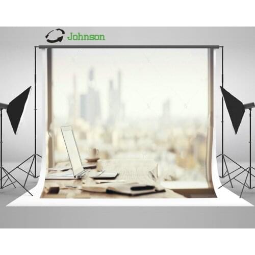 Office Desktop Blank Laptop Various Office Tools Bokeh background polyester or Vinyl cloth Computer print wall backdrop