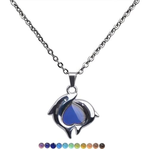JUCHAO Mood Necklaces Double Dolphin Heart Pendant Necklace Stainless Steel Chain Temperature Control for Color Change Jewelry