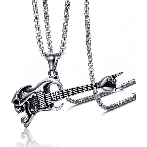 316L Stainless Steel Pendant Necklace Cool Men Boy Guitar Necklace 2 Colors
