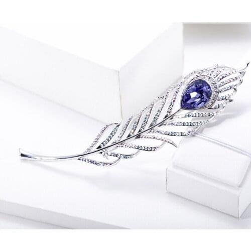 COCOM Luxury Rhinestone Peacock Feather Design Brooches for Women with Austrian Crystal Rhodium Plated Big Female Brooch Pin