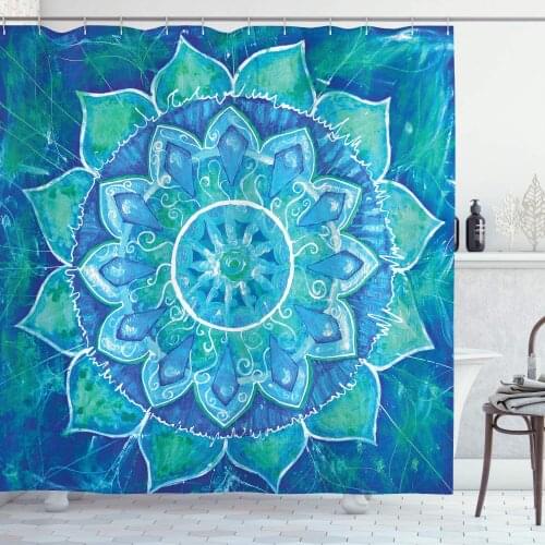 Blue Teal Mandala Shower Curtain Hand Drawn Style Grungy Modern Art Design Bathroom Curtain