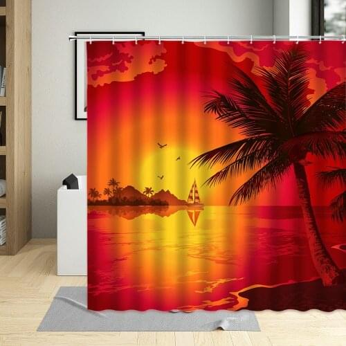 Summer Palm Trees Shower Curtain View Red Sunset Beach Sea Landscape Bathroom Set Bath Curtains With Hooks Waterproof Home Decor