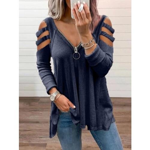 2021 Autumn Sexy V-Neck Zipper Solid Hollow Out Long Sleeve Shirt Women Casual Loose Ladies T-Shirt Tops Plus Size