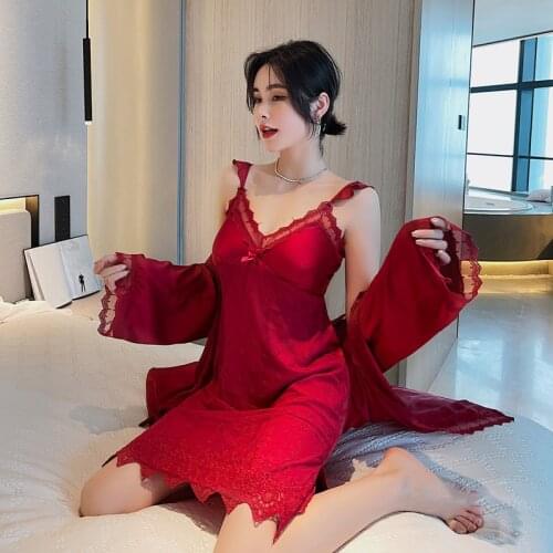 Sexy Satin Lace Robe Set V-Neck Waistband Kimono Gown 2PCS Bride Bathrobe Simple Loose Thin Sleepwear Women Summer Loungewear