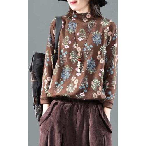 100% cotton turtleneck vintage t shirt women casual ladies tops autumn winter long sleeve t shirt floral basic tshirt