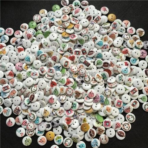 100pcs/lot Wooden Mixed Wreath Tree Soccer Balloon Buttons Round Sewing 2 Holes Accessories Painted Button Scrapbooking 15mm