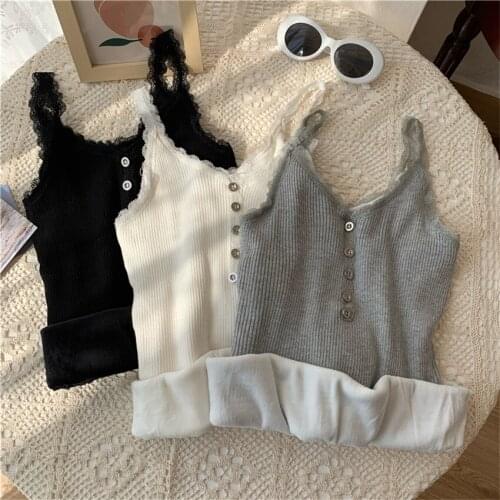 20 New Autumn Winter Fashion Plus Size Women Add Velvet Lace Tops Based Sleeveless Tees Female Warm Vests Tanks Bottomings W1257