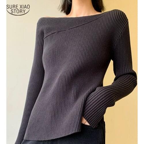 2021 Fashion Sweater Women Winter Knitted Pullover Autumn Elegant Slash Neck Clothes Slim Long Sleeve Bottom Shirt Women 16326