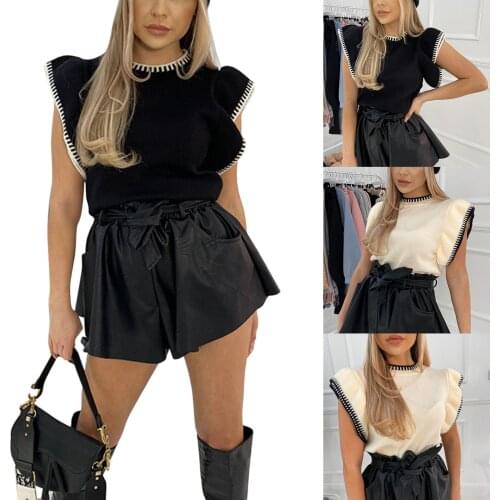 2021 Fashion Trendy Women Casual Knitted Vest, Round Collar Fly Sleeves Loose Style Tops, Apricot/ Black, S/ M/ L