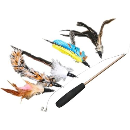 5PCS Cat Wands Interactive Stretchable Kitten Wands Kitten Teasers With Refills Pet Teaser Turkey Feather Stick Toy Chaser Wand