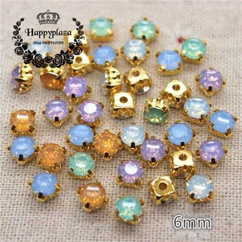 6mm 100pcs Mix Opal Colors Resin Sew On Rhinestones With Gold Claw Flatback Opal Stone Sew On Claw Rhinestones For Garment