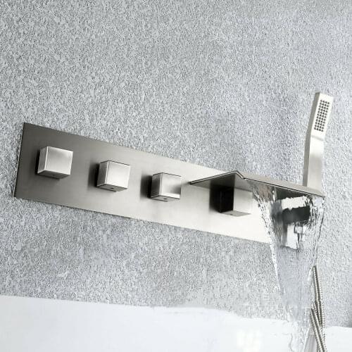 Free ship Waterfall Brushed Nickel Bathtub shower Faucet Wall Mount Three Handles Mixer Tap Brass luxury design