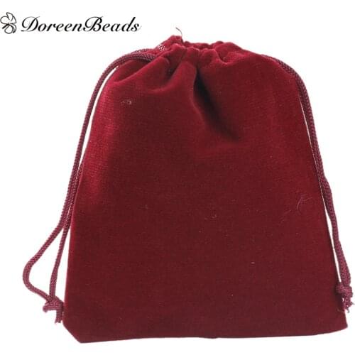 DoreenBeads Dark Red Blue Black Brown Velveteen Pouch Jewelry Bags With Drawstring 12x10cm(4-3/4"x3-7/8"), 10PCs