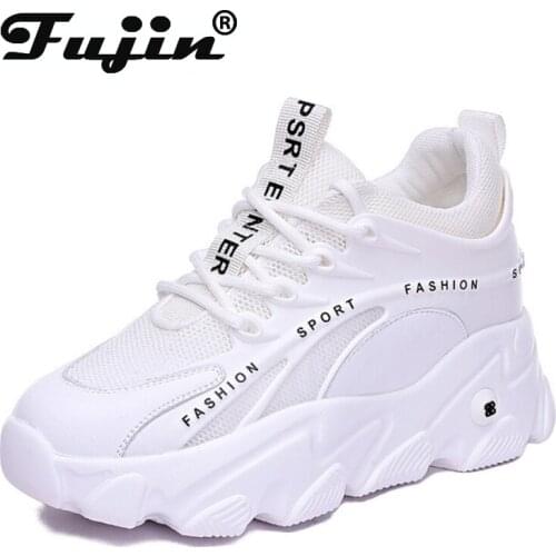 Fujin White Genuine Leather Wedge Platform Heel Sneakers Air Mesh Breathable Comfortable Comfy Sneakers Women Summer Shoes