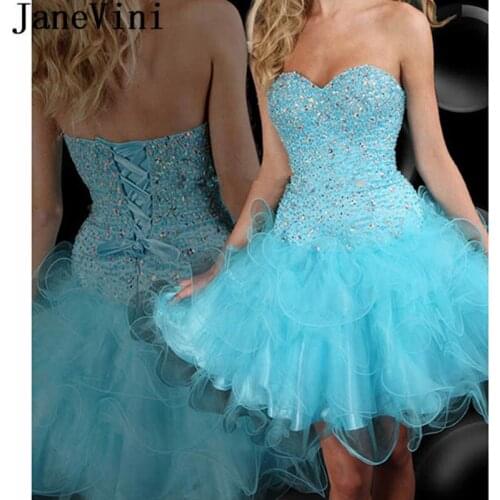 JaneVini Sparkly Beaded Short Homecoming Dresses Crystal Blue Organza Sweetheart Graduation Gowns for Girls Robe Courte 2019