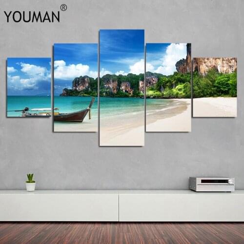 Canvas Paintings For Living Room Modular HD Prints Pictures 5 Pieces Blue Sea Beach Island Seascape Posters Home Wall Paper Art