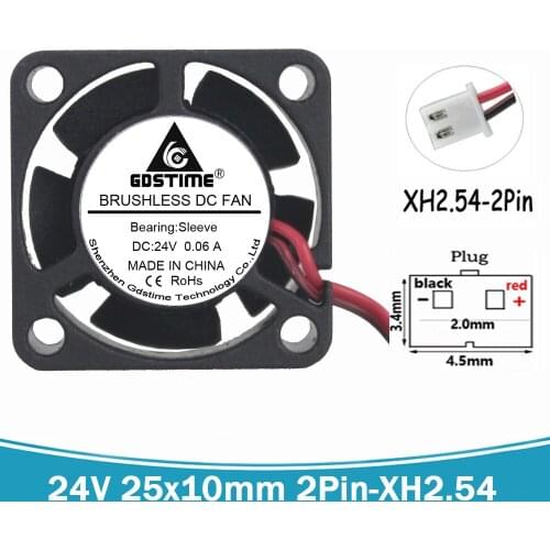 10 pcs Gdstime Mini Cooling Fan 24V 2Pin 25MM 2510S 25x25x10mm Brushless DC Cooler Case Fan New