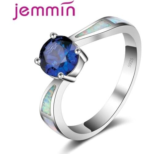 Trendy Blue Crystal Wedding Rings For Brides Fine White Fire Opal 925 Sterling Silver Engagement Band Ring Accessories