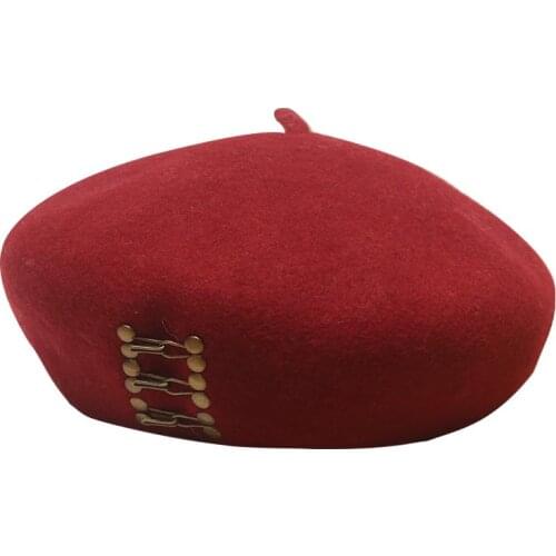 Autumn Winter Vintage Womens Three Copper Buckles Beanies Retro Thick Wool French Artist Warm Plain Beret Caps