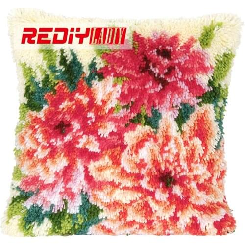 REDIY LADIY Latch Hook Cushion Kits for Yarn Embroidery Pillow Case Sofa Home Decorative Flowers Pre-Printed Canvas Unfinished