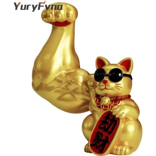 YuryFvna Muscle Arm Lucky Cat Feng Shui Ornaments Resin Crafts Living Room Animal Figurines Decoration Gift Modern Home Decor