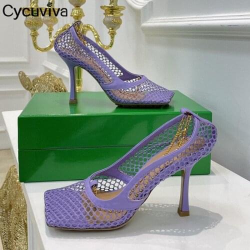 Designer Net Mesh Brand Shoes High Heel Gladiator Sandals Women Square Toe Ankle Chain Summer Sandals Sexy Party Shoes Woman