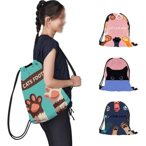 Cartoon Cat Paw Black Cats Print School Backpacks Girls Drawstring Bag String Pouch Women Backpack for Travel