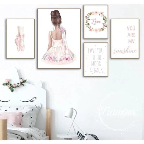 Nordic Custom Name Printing Poster Pink Ballerina Dancing Shoes Canvas Oil Painting Wall Art Modern Girl Room Decorative Picture