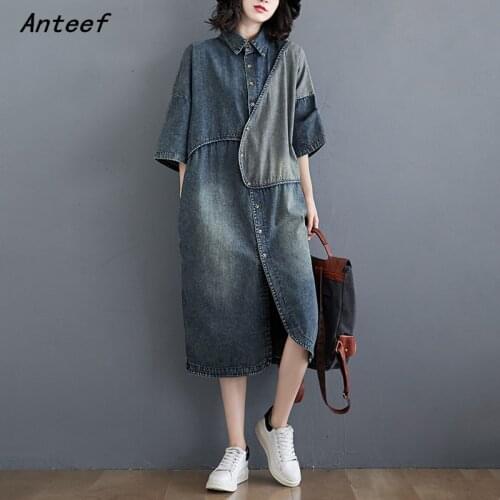 Short sleeve vintage dresses for women casual loose long spring summer autumn woman denim shirt dress elegant clothes 2021